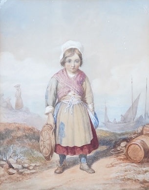 Victorian School, Young fisher girl on the shore, unsigned, watercolour, 23 x 18cm